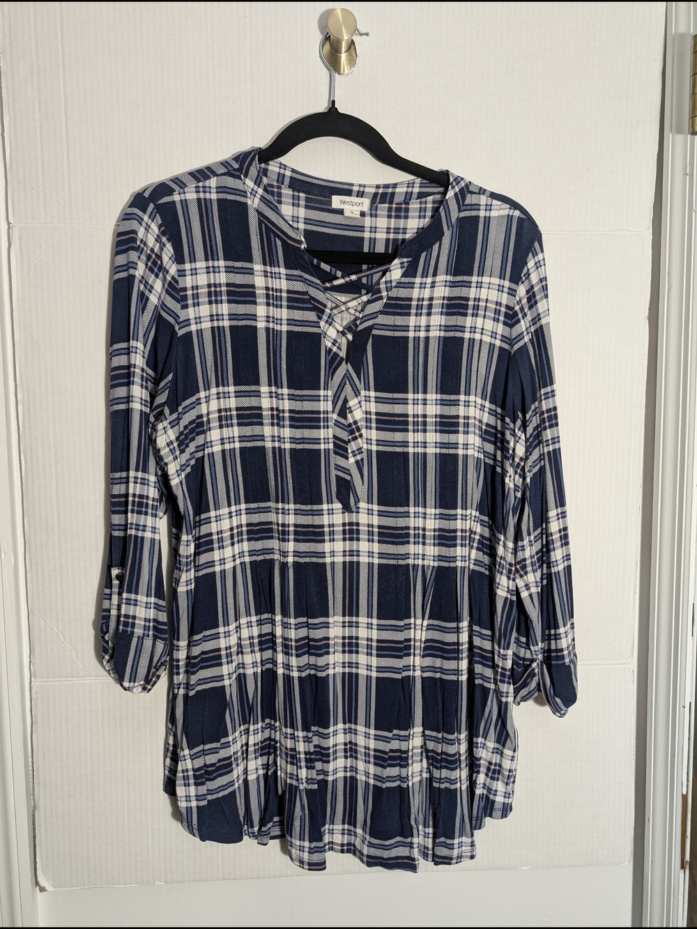 Westport Navy Plaid Lace-Up Roll-Tab Sleeve Top - 1X